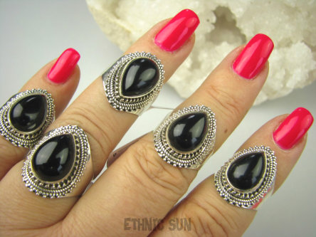 bpe6854 Śliczny Orientalny Delikatny Pierścień czarny ONYKS regeneruje SERCE, EGZEMY, PAMIĘĆ r.13 Srebro 925