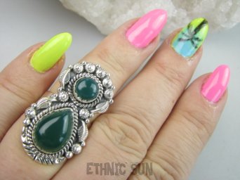 bpe9517 Śliczny ! Ufff Cacko Czarodziejsko Piękny Długi 3.4 cm Orientalny Pierścień Pierścionek zielony Onyks r.13 Srebro 925 #