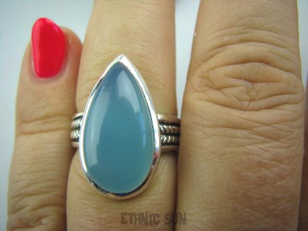 bpe5317 Błękitny delikatny PIERŚCIEŃ CHALCEDON - czakra gardła r.16/ r.17 zdobiona obrączka Srebro 925 #