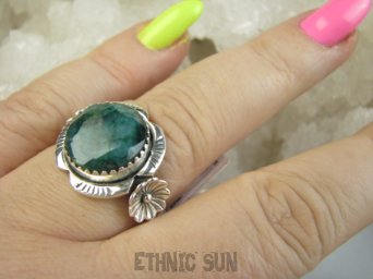 bpee4482 Piękny Pierścień Pierścionek NATURALNY SZMARAGD INDYJSKI Szmaragdy - r.19 Srebro 925 #