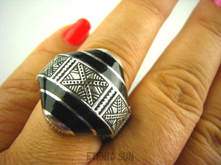 bpe3269 Wooow MAROKAŃSKI Zabójczo Piękny PIERŚCIEŃ SYGNET Emalia Jubilerska r.22 Srebro 925 BOSKIE WZORNICTWO #