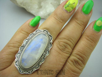 bpe6046 CHABROWY BLASK !!!  Piękny OKAZ Egzotyczny Pierścień Biały, Niebieski Kamień Księżycowy r.18/r.19 Srebro 925 #