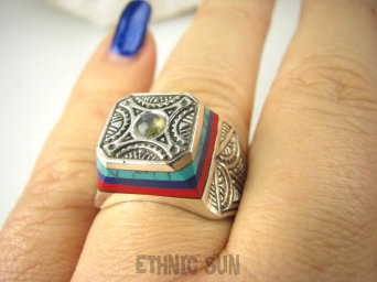 bpe8733 SYGNET SUŁTANA Zabójczo Piękny PIERŚCIEŃ Pierścionek Inkrustowany Koral Lapis Lazuli Turkus Turkusy oraz Labradoryt r.18 Srebro 925 #