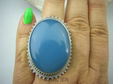 bpe6033 OLBRZYM 26 gramów !!!! Błękitny Niebieski WSPANIAŁY Pierścień CHALCEDON (TARCZYCA) r.19 egzotyczne Srebro 925 #