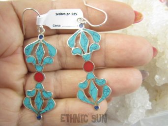 bke1235 Symbol niezniszczalności -VAJRA= Wadżra , Krzyż Dorje ,OCZYSZCZAJĄCY energię Barwne DŁUGIE 6.2 cm Duże a bardzo Lekkie Kolczyki inkrustowany TURKUS KORAL LAPIS LAZULI Srebro 925 Nepal