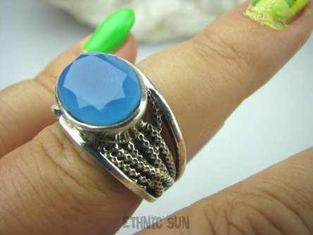 bpee3302 CUDOWNY Pierścień szlifowany Niebieski Chalcedon (tarczyca) CZAKRA GARDŁA r.15 ażurowa obrączka Srebro 925 #