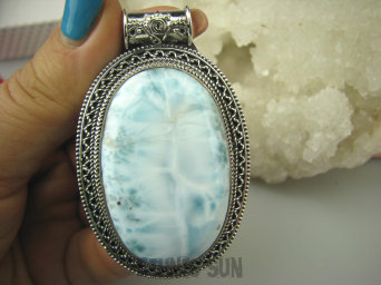 bwe3388 ZJAWISKOWY 36G - Naturalny rzadki kamień LARIMAR kamień ANIELSKI czakra gardła Duży Wisior z Larimarem w orientalnej oprawie SREBRO 925 #