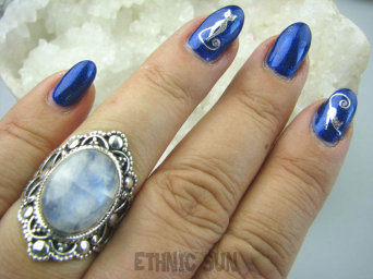 bpe5898 Kunsztowny Pierścień niebieski biały KAMIEŃ KSIĘŻYCOWY r.17 egzotyczne Srebro 925 #