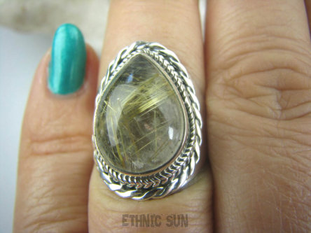 bpe5771 Zjawiskowo piękny  Pierścień Złote Włosy Wenus Złoty Kwarc z Rutylem r.14/ r.15 szeroka obrączka Srebro 925 #