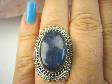 bpe8444  Orientalny Pierścień Granatowy Labradoryt Spektrolit - kamień Zorzy Polarnej r.16 Srebro 925 #