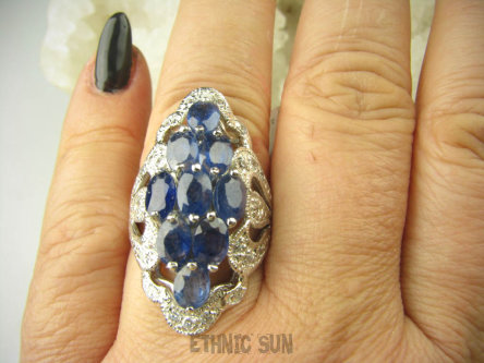 bpee4029 Długi Lśniący Pierścień Pierścionek naturalny Kianit (Kyanit) oraz Cyrkonie r.19 SREBRO RODOWANE 925 #