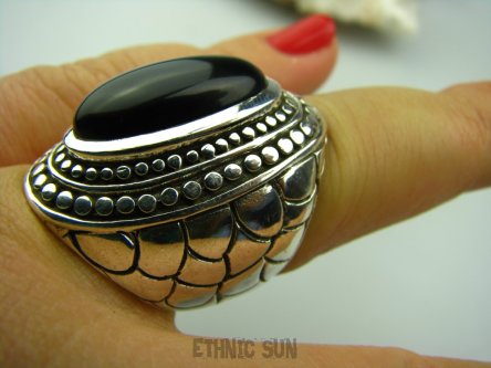 bpe4125 SKÓRA WĘŻA !!!! Biżuteria Orientalna - Niezwykły OKAZ Pierścień naturalny CZARNY ONYKS   r.17 Srebro 925 #