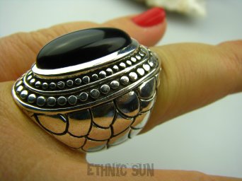 bpe4125 SKÓRA WĘŻA !!!! Biżuteria Orientalna - Niezwykły OKAZ Pierścień naturalny CZARNY ONYKS   r.17 Srebro 925 #