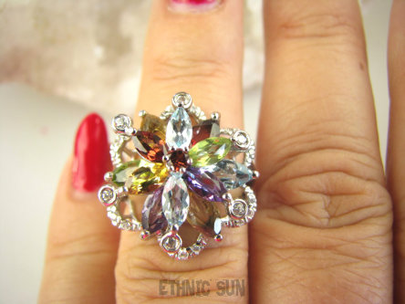 bpee4149 BOSKO PIĘKNA KOLOROWA GWIAZDA Pierścień Pierścionek naturalny Ametyst, Blue Topaz, Cytryn, Granat, Oliwin, Kwarc Dymny oraz Cyrkonie r.12/ r.13 mały rozmiar  SREBRO RODOWANE 925 #