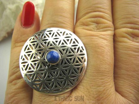 bpe4008 Obracający się KWIAT ŻYCIA - SILNY AMULET OCHRONNY !!!! Ażurowy Pierścień Lapis Lazuli  r.17 SREBRO 925 #