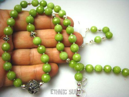 bn1248 Zielona Limonka !!! Piękny Naszyjnik i Kolczyki zielony JADEIT Cesarski  - kamień młodości, orientalne Srebro 925