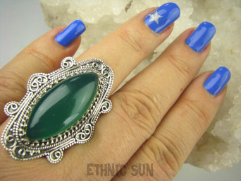 bpe6609 BAŚNIOWY KLEJNOT - Piękny Długi Regulowany Pierścień Zielony ONYKS -  regeneruje SERCE, EGZEMY, PAMIĘĆ r.17, r.18, r.19, r.20, r.21, r.22  Srebro 925 #