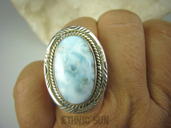 bpe8348 Pierścień Pierścionek RZADKI Anielski kamień Błękitny LARIMAR - stawy, serce, lęki , otwiera czakrę gardła r.18 Srebro 925 #