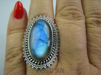 bpe4887 MAX BLASK - Czarodziejsko Piękny Aksamitny Czarodziej Orientalny Pierścień Labradoryt Spektrolit - kamień Zorzy Polarnej r.19 Srebro 925 #