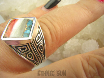 bpe8841 Wielobarwna Ostryga - Wspaniały Sygnet Damski lub Męski Pierścień OSTRYGOWY TURKUS MIEDZIANY Turkus OSTRYGA Muszla złota MIEDZ r.21 Srebro 925 #