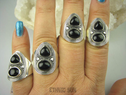 bpe6523 Biżuteria Orientalna - Delikatny OKAZ Pierścień czarny Onyks - regeneruje SERCE, EGZEMY, PAMIĘĆ r.14 Srebro 925 #