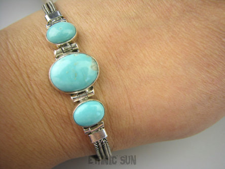 bb3102 PRZEPIĘKNA Elegancka Bardzo Wygodna Bransoleta z Naturalnymi Turkusami !!! Błękitny Turkus ARIZONA Turkusy Srebro 925 #