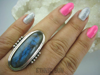 bpe5945 GRECKA BOGINI !!!! Duży Długi 3,9 cm OKAZ Pierścień szary Niebieski Labradoryt Spektrolit - kamień Zorzy Polarnej r.19 Srebro 925 #