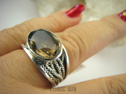 bpee3508 CUDOWNY KLEJNOT Piękny Pierścień Brązowy Kwarc Dymny - kamień antystresowy r.17 szeroka obrączka Srebro 925 #