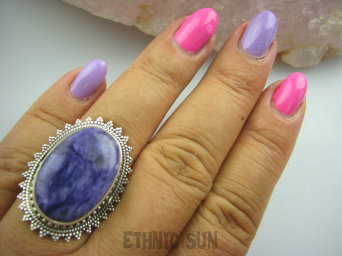 bpe4957 UNIKALNY DROGOCENNY RZADKI CZAROIT - kamień jasnowidzów ! Orientalny Owalny Pierścień z czaroitem r.17/r.18 Srebro 925 #