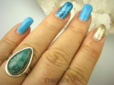 bpe8537 Szmaragdowa Kropla Delikatny Pierścień Pierścionek Szmaragd Indyjski Szmaragdy r.18 Srebro 925 #