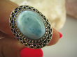bpe6423  Pierścień Rzadki Błękitny Larimar (kamień Anielski ) - stawy, serce lęki, otwiera czakrę gardła r.18/ r.19 Srebro 925 # - 6