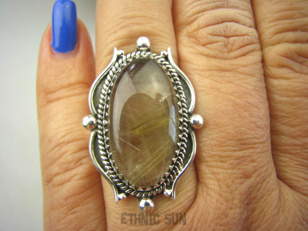 bpe7205 FINEZYJNY Pierścień ZŁOTE włosy WENUS w zachwycającej oprawie  !!! Duży Pierścień KWARC z RUTYLEM r.18 SREBRO 925 #