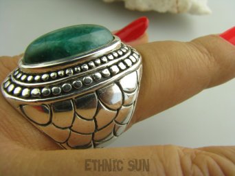 bpe3508 SKÓRA WĘŻA !!!! Niezwykły OLBRZYM Pierścień naturalny Szmaragd Indyjski Szmaragdy r.21 Srebro 925 #