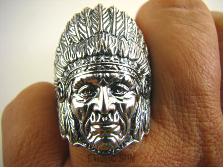 bpe3183 APACZ INDIANIN jak żywy - SYMBOL WIEDZY I MĄDROŚCI !!! Niezwykły DUŻY 3,4 cm Oksydowany Pierścień INDIANIN Cały ze Srebra r.16 Srebro 925