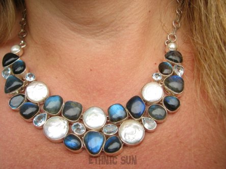 bn1541 KRÓLEWSKI KLEJNOT - GIGANT XXL 74 gramy ! CUDOWNA Przepiękna Kolia Naszyjnik Labradoryt Spektrolit, Perła Biwa Perły, Blue Topaz Srebro 925 #