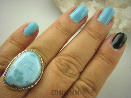 bpe6342 Anielski Pierścień Rzadki Błękitny Larimar (kamień Anielski ) - stawy, serce lęki, otwiera czakrę gardła r.19 Srebro 925 #