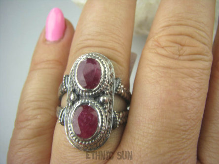 bpee3028 Cudny PIERŚCIEŃ Greckie wzory naturalny Rubin Indyjski Rubiny r.21/ r.22 Srebro 925 #
