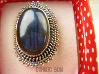 bpe8608 Orientalny Pierścionek Pierścień Granatowy Labradoryt Spektrolit - kamień Zorzy Polarnej r.16 Srebro 925 #