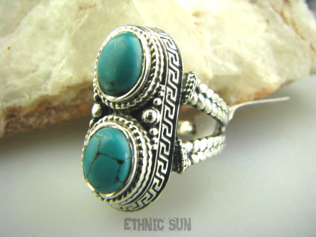 bpe2698 Cudny PIERŚCIEŃ Greckie wzory naturalny TURKUS - turkusy  r.19 Srebro 925 #