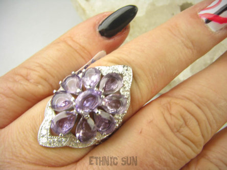 bpee4031 Długi Lśniący Pierścień Pierścionek naturalny Fioletowy Ametyst, oraz Cyrkonie r.17 SREBRO RODOWANE 925 #