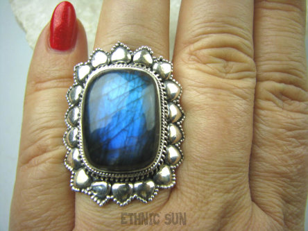 bpe5430 DUŻY Piękny Kwiat Pierścień Labradoryt Spektrolit - kamień Zorzy Polarnej r.17 Srebro 925 #