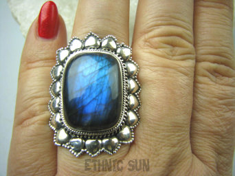 bpe5430 DUŻY Piękny Kwiat Pierścień Labradoryt Spektrolit - kamień Zorzy Polarnej r.17 Srebro 925 #