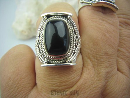 bpe6848 Śliczny Orientalny Pierścień czarny ONYKS regeneruje SERCE, EGZEMY, PAMIĘĆ  r.16 Srebro 925 #