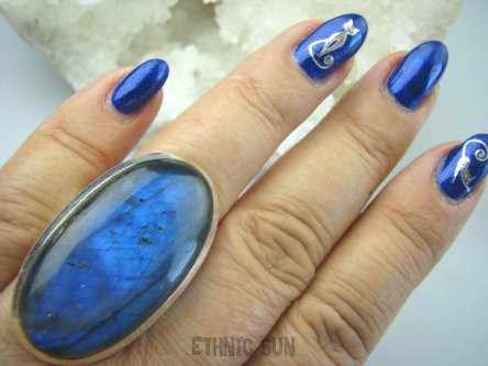 bpe5893 Aksamitny Podłużny 19 g Pierścień Granatowy Niebieski Labradoryt Spektrolit r.17 Lśniące Srebro 925 #