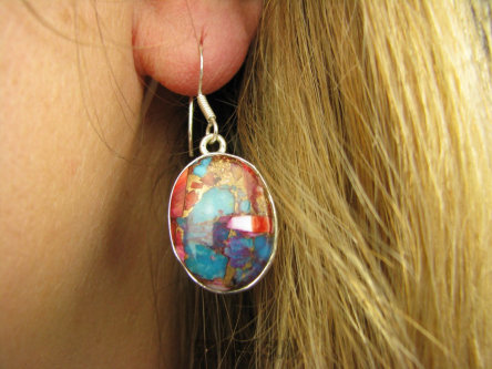 bke1089 WIELOBARWNE Piękne Kolczyki Duże i lekkie kamieni OSTRYGOWY TURKUS MIEDZIANY Srebro 925