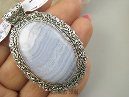 bwe3912 Koronkowa misterna oprawa Niebiański błękitno fioletowy Agat ! Duży 26 g !! Wisior Zawieszka Koronkowy AGAT BLUE LACE  - kamień spokoju i pozytywnego myślenia idealny na STRES, CHOROBY OCZU, USZU UKOJENIE DUSZY Srebro 925 #