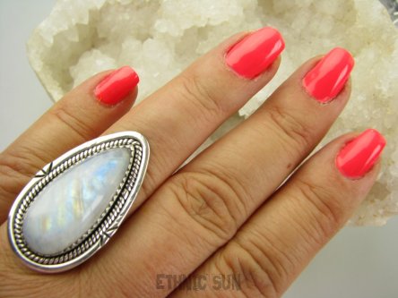 bpe9105 TĘCZOWA PIĘKNOŚĆ pięknie się mieni Orientalny Pierścień Pierścionek Wielobarwny KAMIEŃ KSIĘŻYCOWY r.20 Srebro 925 #