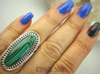 bpe7217 Biżuteria Egzotyczna !!! Cudowny MALACHIT W ORIENTALNEJ OPRAWIE -  Pierścień MALACHIT - pobudza kreatywność r.16 Srebro 925 #