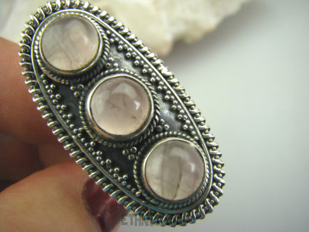 bpe4443 DUŻY DŁUGI 3.8 cm ! Pierścień Potrójny KWARC RÓŻOWY - kamień mocnego serca (czakra serca) r.17 Srebro 925 #