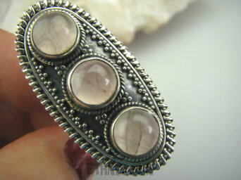 bpe4443 DUŻY DŁUGI 3.8 cm ! Pierścień Potrójny KWARC RÓŻOWY - kamień mocnego serca (czakra serca) r.17 Srebro 925 #